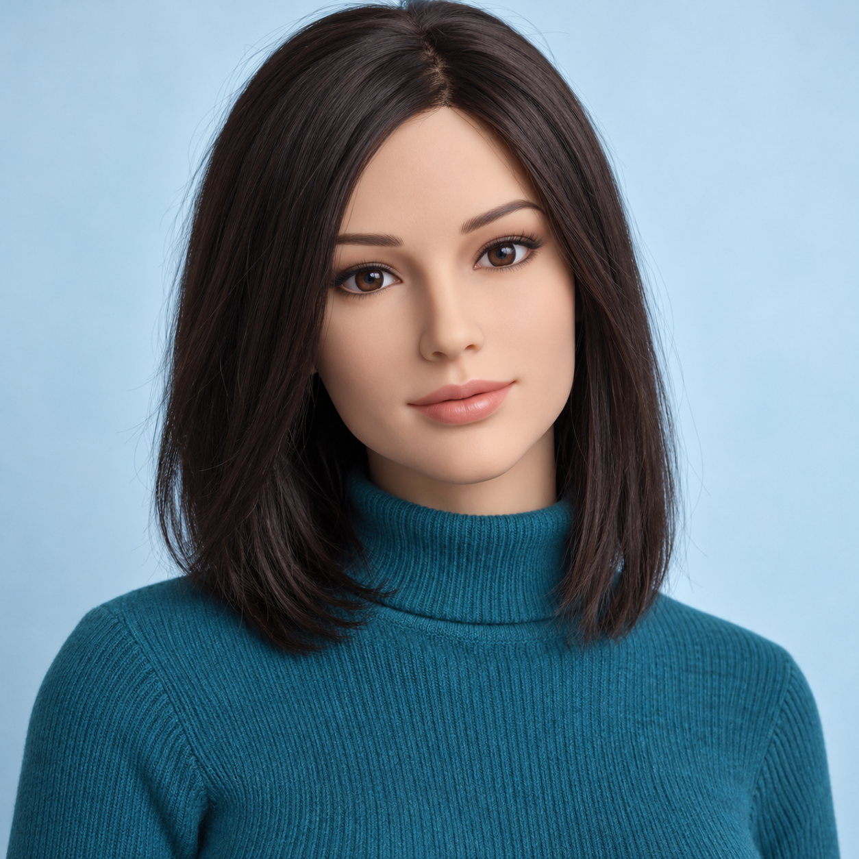 Illustrative adult doll portrait with dark hair and a teal sweater